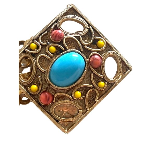Vintage Egyptian Revival Gold Tone Chain Belt Turquoise Yellow Coral Cabochons main image 4
